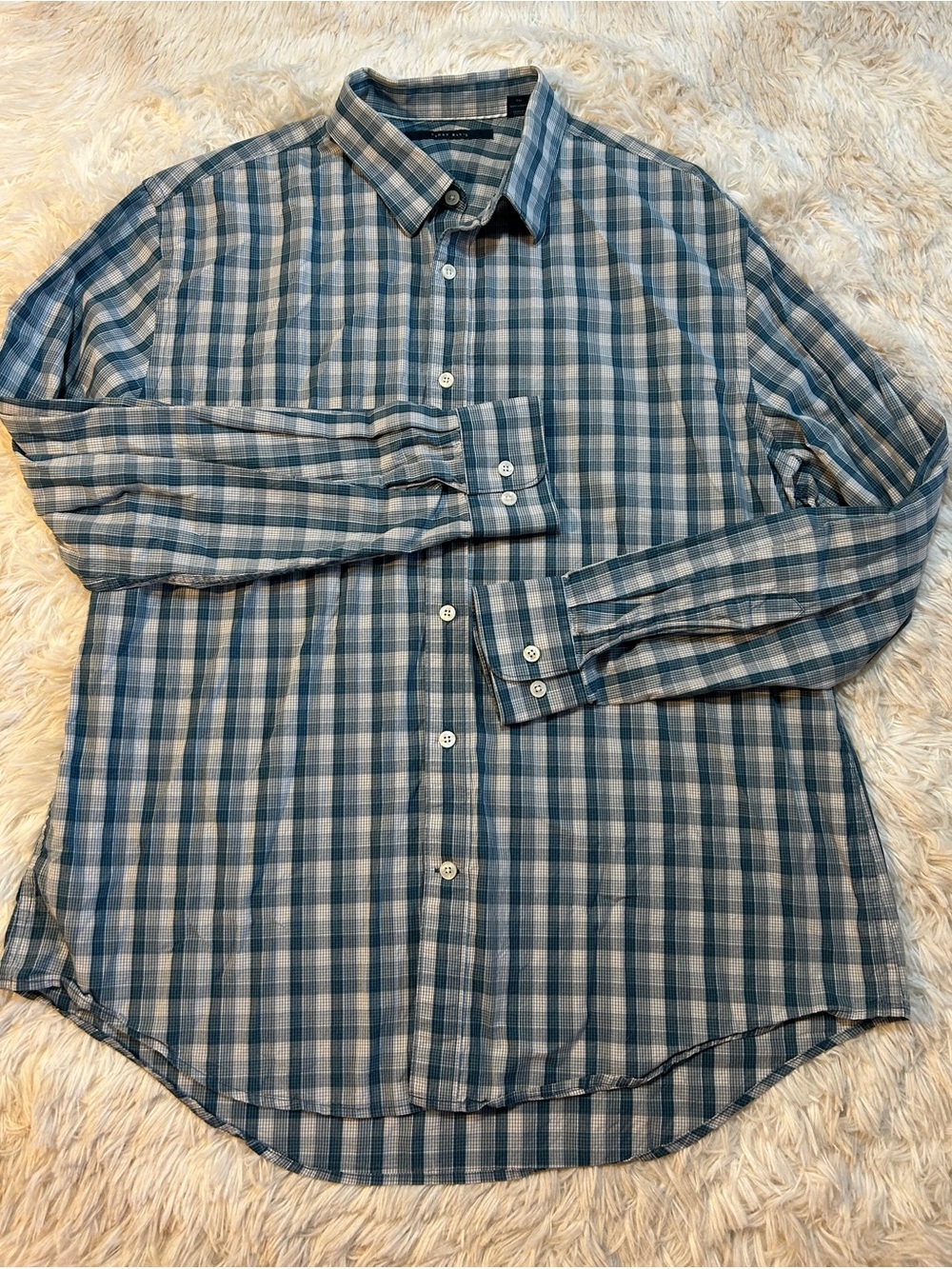 Perry Ellis Blue and Gray Plaid Button-Down Shirt